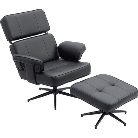 Fauteuil relax inclinable avec repose-pieds en similicuir noir, appui-tête réglable, base métallique (1/5)
