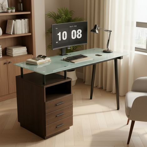 Scrivania 130 x 50 cm con piano in vetro temperato, 3 cassetti e vano aperto, marrone DESVIAE (1/5)