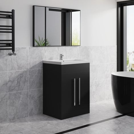 Bathroom Furniture Matt Black 600mm Vanity Unit Basin Sink Floor Standing (1/5)