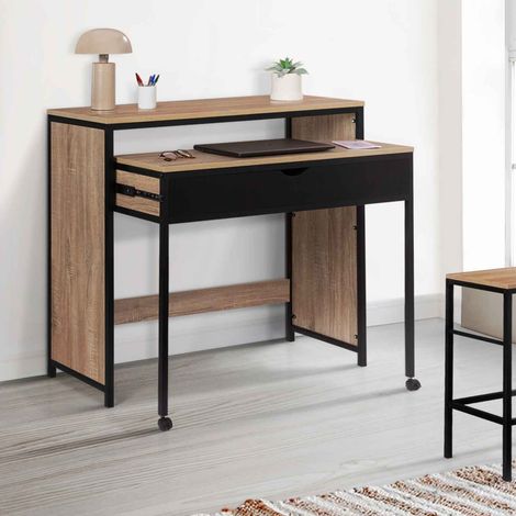 BOSTON escritorio extensible de 1 cajón de diseño industrial en madera y negro (1/5)