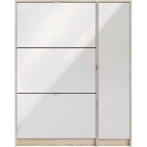 Schuhregal mit doppelter Tiefe, 124 cm, glänzendes Weiß und Eiche, mit 3 Klappen und einer Tür - Cuba (1/5)