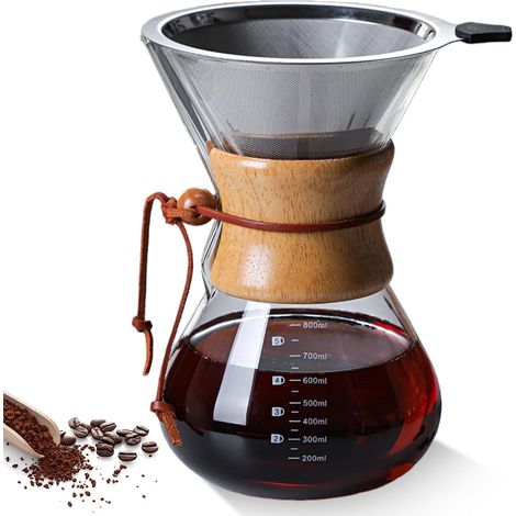 800ml Manual Filter Coffee Maker, Borosilicate Glass Jug with Double Layer Stainless Steel Filter, Filter Coffee Maker, Glass Coffee Maker for Aromatic Coffee (1/5)