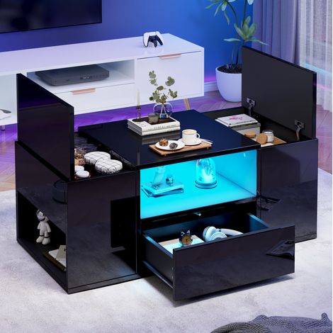 Mesa de centro negra 100x50x40 cm con LED, 1 cajón y 2 espacios de almacenaje, MEUBLIV (1/5)