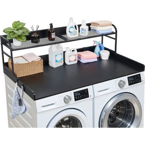 Comptoir pour Lave Linge et Sèche Linge avec Étagère,Plan de Travail pour Machine à Laver 137x69,9 cm,pour Rangement Aménagement Buanderie,Plateau en Bois avec Rebord et 2 Crochets,Noir (1/3)
