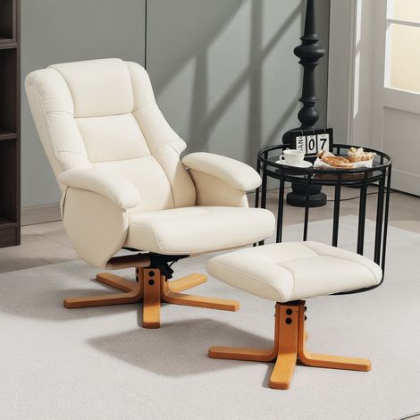 Bequemer Sessel mit Fußstütze, 360° drehbar, verstellbare Rückenlehne, bis 120 kg belastbar, cremefarben (1/5)