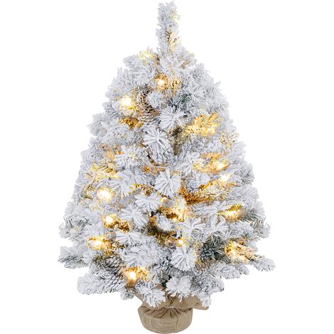 Sapin de Noël 92 cm avec branches givrées, LED lumineuses, pommes de pin, pied en béton, ignifuge. (1/5)