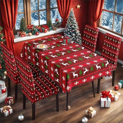 Ensemble complet de nappe et housse de chaise de Noël en soie de lait imperméable imprimée TC-199 (140 x 210 cm). (1/3)