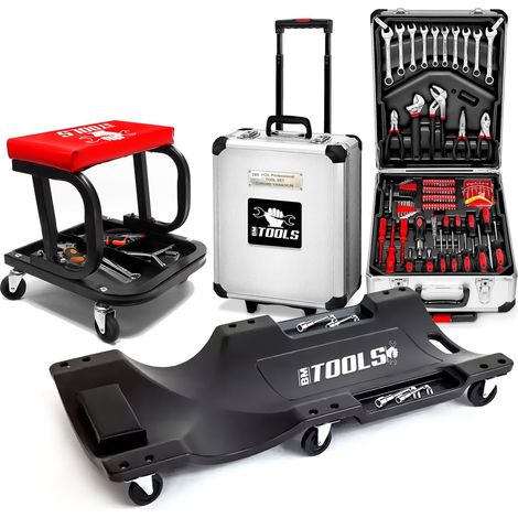 Tabouret Roulant BM TOOLS, Plateau Outils de Rangement avec Chariot de visite et Valise 399 outils, PACK Garagiste, Mécano Auto
