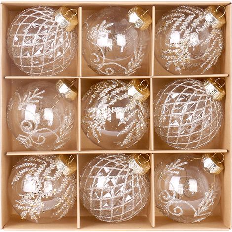 Juego de 9 adornos navideños transparentes color champán (8 cm), decoraciones huecas de plástico con purpurina para colgar en el árbol. (1/4)
