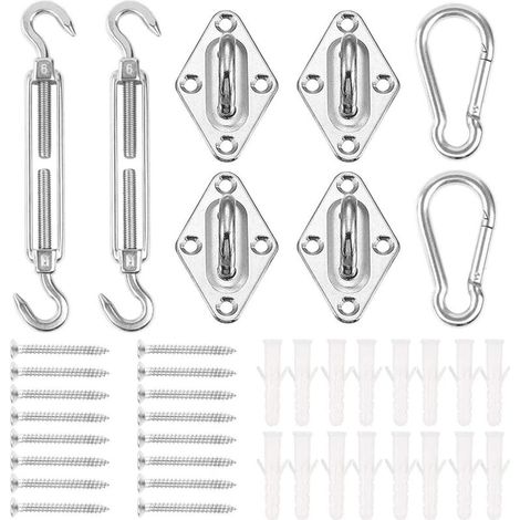 Kit de Fixation Voile D'ombrage, 40Pcs Acier Inoxydable Soleil Voile D'ombrage Kit Accessoires de Fixation pour Rectangle et Triangulaires Toile Voile d'ombrage Auvents (1/5)