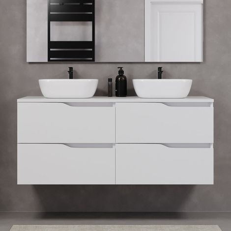 Meuble de salle de bain 120cm avec plateau et deux vasques à poser zeus - 4 tiroirs - sans miroir - blanc - LUNA (1/5)