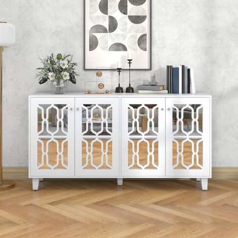 Anrichte MDF Weiß mit Spiegelfront, 4 Türen, verstellbarem Einlegeboden und Kristallgriffen, 160 x 40 x 84 cm (1/5)
