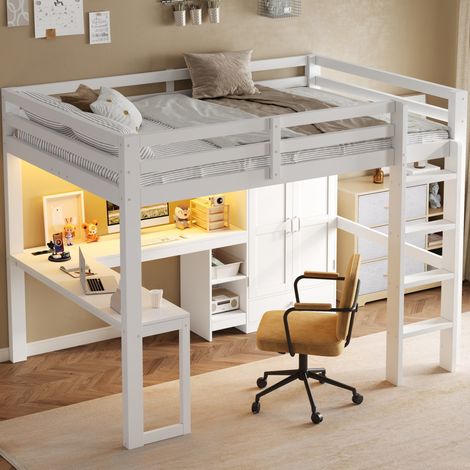 Lit mezzanine 140/200 cm blanc avec bureau, armoire, étagères, USB et éclairage LED (1/5)