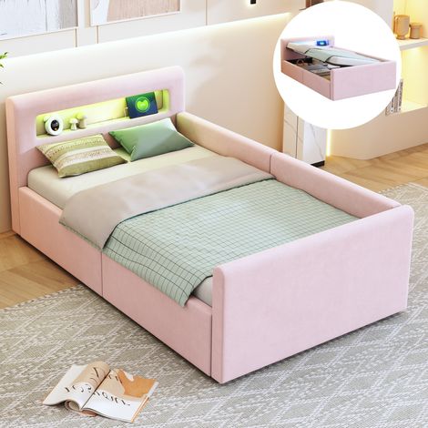 Lit simple 90x200 cm, lit coffre 90x200 cm, avec éclairage LED, port de charge USB, étagère, velours, lit enfant - Rose (1/5)