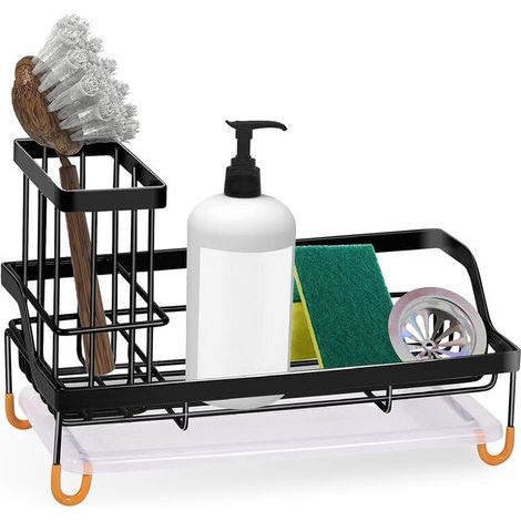 Organisateur évier,Rangement Evier Cuisine Support Brosse Éponge Organiseur pour à Poser Acier Inoxydable，Noir (1/5)