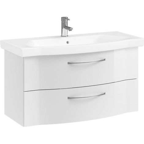 Bad Waschtisch mit Waschbecken, 97cm, in weiß Hochglanz SOLINGEN-66, B/H/T ca. 97/49/51,5 cm (1/5)
