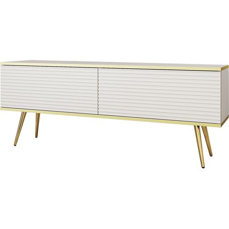 Meuble TV Avec Lamelles Blanc, pieds Or, 135 × 30 × 52 cm, Push to Open (1/5)