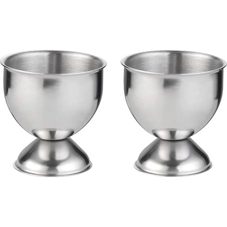 Juego de 2 hueveras de acero inoxidable, plato para huevos, bandeja para huevos pasados por agua, taza para utensilios de cocina, vajilla y cubertería, plata (1/5)
