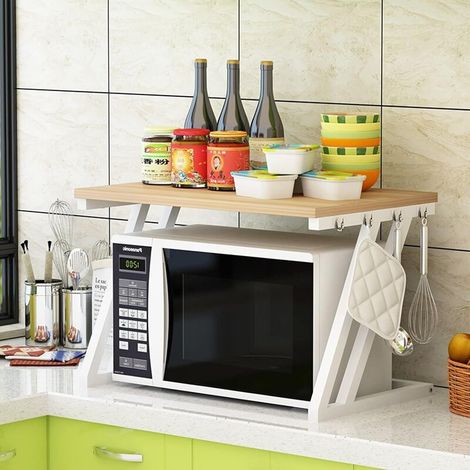 1 Support four micro-ondes, étagère extensible, acier au carbone, 3 crochets, cuisine, rangement (1/5)