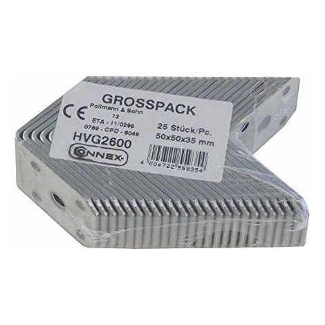 Connex HVG2600 Lot economique de equerres d'angle 50 x 50 x 35 x 3 mm, galvanise, 25 pieces, 50 x 50 x 35 mm