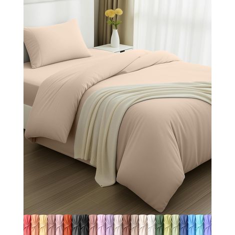 Housse de Couette 135x200cm, Drap Housse 90x190cm et Taie d'oreiller 50x75cm - Microfibre brossée Polyester Douce (Beige) (1/5)