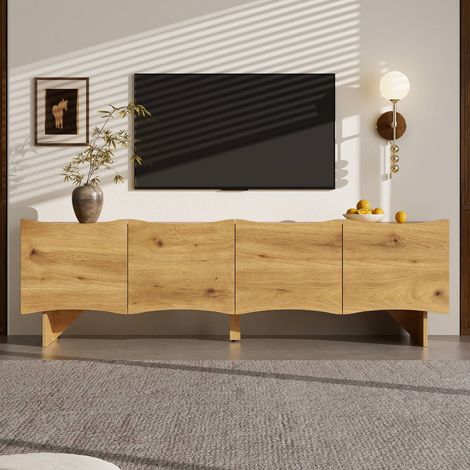 Meuble tv 155 cm design bois avec motif ondulé, 4 portes et rangements pour salon (1/5)