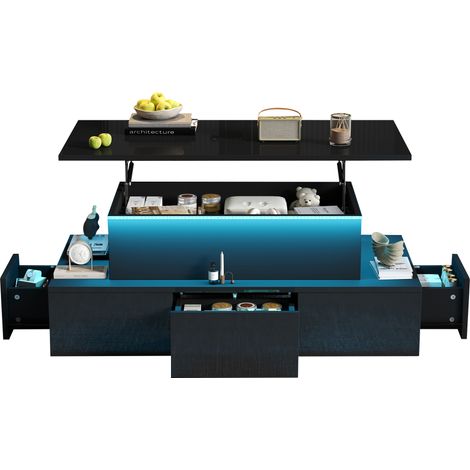 ELVMI Mesa de Centro Elevable con 4 Cajones, Almacenaje Oculto, LED y USB, MDF Negro, 100 x 50 x 40 cm (1/5)
