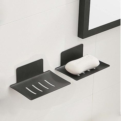 Lot de 2 porte-savons cascade pour douche, plateau à savon en acier inoxydable noir, porte-savon adhésif avec égouttoir, idéal pour la douche, la salle de bain, la cuisine ou le plan de travail. Garde