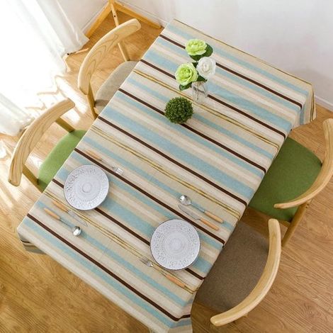 Mantel cuadrado para mesa de centro, ideal para sala de estar o comedor. Mantel de algodón y lino con rayas azules para exteriores, 110 x 110 cm. (1/4)