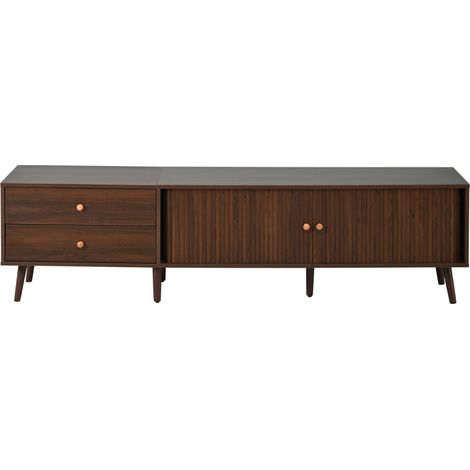 Meuble TV en MDF imitation noyer 180 x 40 x 46,5 cm avec 2 tiroirs et 2 portes roulantes, supporte jusqu'à 80 pouces (1/5)