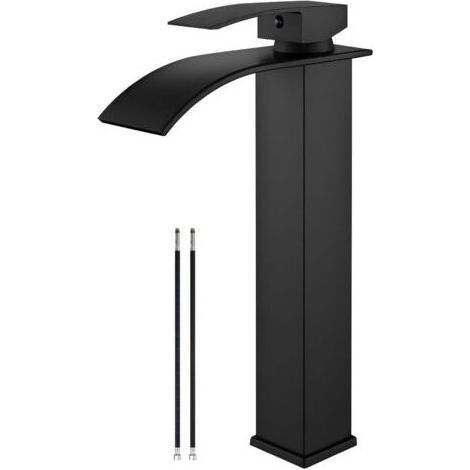 Robinet de lavabo noir mat, robinet de salle de bain à haute cascade, robinet de lavabo monotrou à poignée unique avec grand bec rectangulaire, robinet de lavabo de bar, meuble-lavabo (1/5)