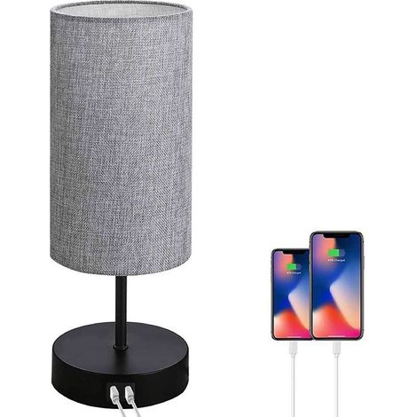 Lampe chevet ACKERMAN intensité variable, 2 ports USB + 1 prise, abat-jour tissu gris, ampoule E26 7W incluse, pour chambre, salon ou bureau (1/5)