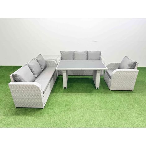 Fimous Rattan Garden Furniture Dining Set 7-seater Patio Rectangular Table Sofa Set with Side Table Light Grey (1/4)