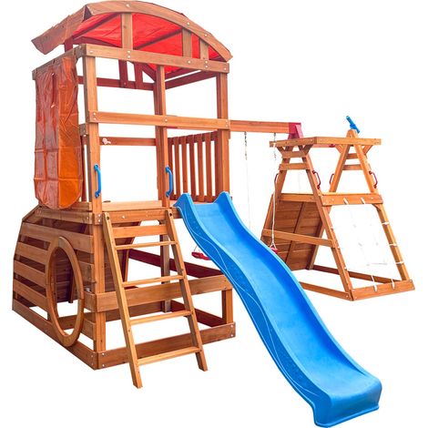 HOME DELUXE Spielturm NIA – 420 x 280 cm Holz-Kletterturm mit Doppelschaukel & Rutsche für den Garten Spielturm mit Doppelschaukel Spielturm mit Rutsche, Kinderspielturm Holz, Spielturm mit Schaukel