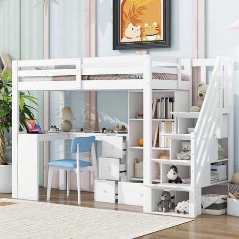 Letto a soppalco 90x200 cm in pino e MDF bianco con scrivania, cassetti, scaffali e scala contenitore (1/5)