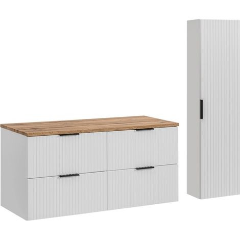 Conjunto de baño NOXERA 120 cm – Mueble bajo lavabo suspendido blanco con encimera para lavabo de roble wotan y columna de pared