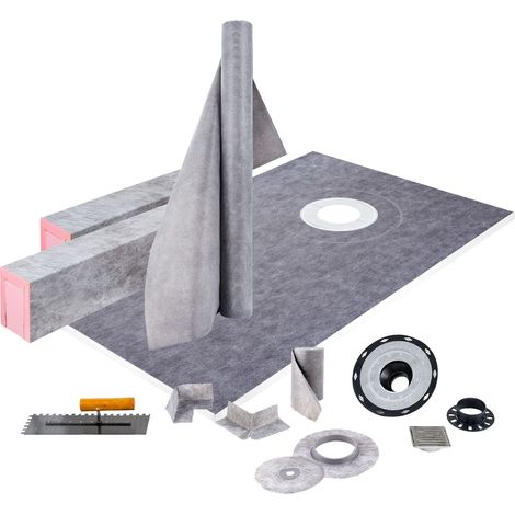 Kit de rehausse de douche étanche 38"x60" avec bride ABS décalée 4", grille inox 4", 2 rehausses coupables et truelle, adapté à la salle de bain. (1/5)