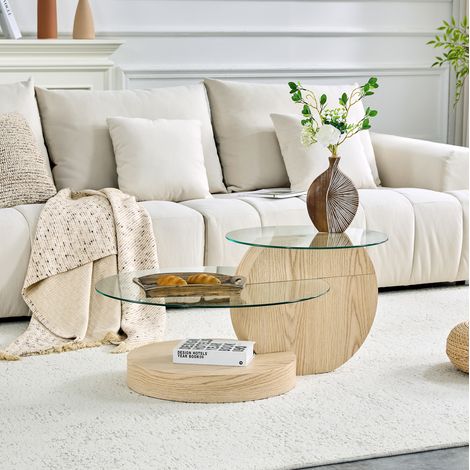 Mesa de centro de 2 niveles en vidrio templado y MDF efecto madera clara OKMYHOME (1/5)