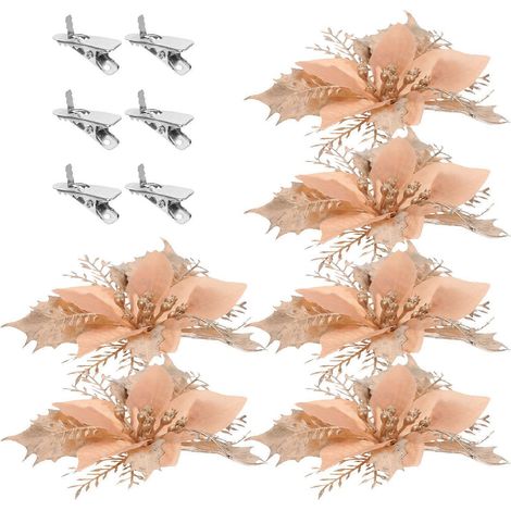 Fleurs artificielles de Noël à clipser, poinsettias, décorations pour sapin, 6 pièces compatibles pour les fêtes. (1/5)