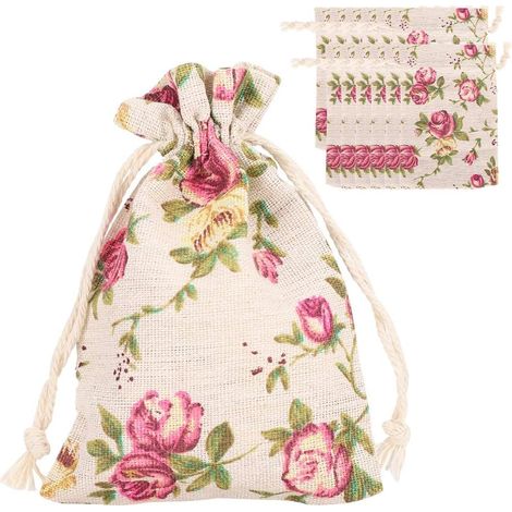 Set of 50 Burlap Drawstring Bags, 50 Pieces Flower Design 8209 Jewelry Pattern Burlap Packaging Pouch for Christmas Day Party Supplies (1/5)