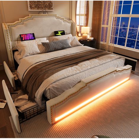 Doppelbett 160x200 cm aus beigem Samt, 4 Schubladen, LED, Matratze inklusive – MEUBLIV (1/5)