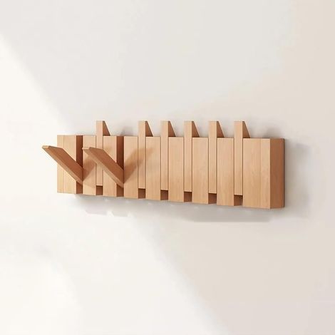 Porte-manteau mural en bois naturel – 8 crochets – Style moderne rabattable – Pour entrée, salle de bain – Idéal pour manteaux, chapeaux, sacs (1/5)