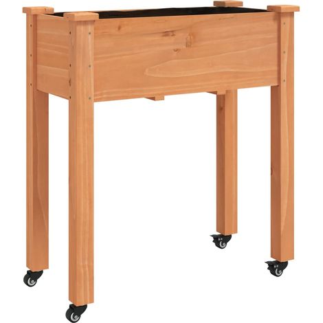 Vassoio per fioriera aiuola rialzata piante fiori terrazza giardino su ruote con rivestimento marrone 71 x 37 x 80 cm legno di abete marrone 020038730