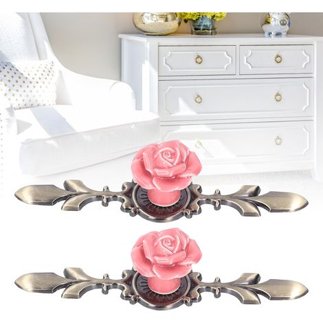 [Bouton de cabinet] Poignée en céramique décorative fleur rose pour armoire, placard et tiroirs (lot de 2) (1/5)