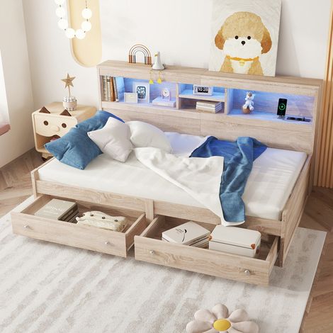 Cama diván moderna 90x200 cm color natural en madera técnica con cabecero, LED, 2 cajones, almacenaje y puertos USB (1/5)
