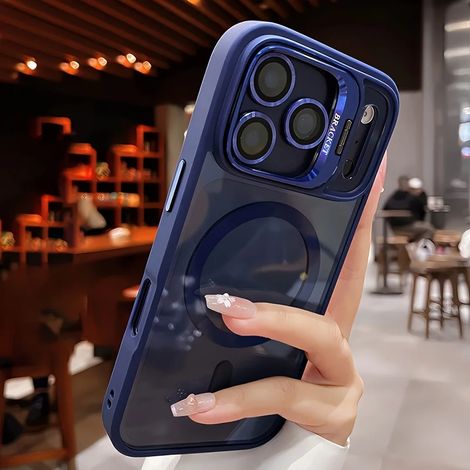 (iPhone 17 Pro Bleu) Coque magnétique transparente, support en acrylique, lentille en verre