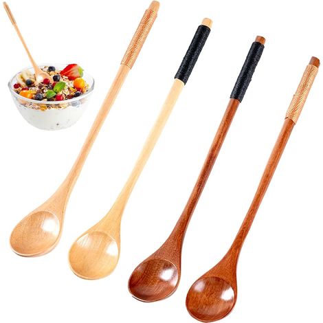 Lot de 4 Cuillère, Bois de hêtre, Manche long 20cm, Corde tressée, Résistant chaleur, Pour cuisine café miel (1/5)
