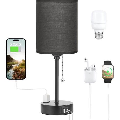 Lámparas de mesa con 3 temperaturas de color - 2700K 3500K 5000K Lámparas de noche con puertos USB C y A, lámparas de cadena para dormitorios con enchufe, lámparas de noche con base de metal (1/5)
