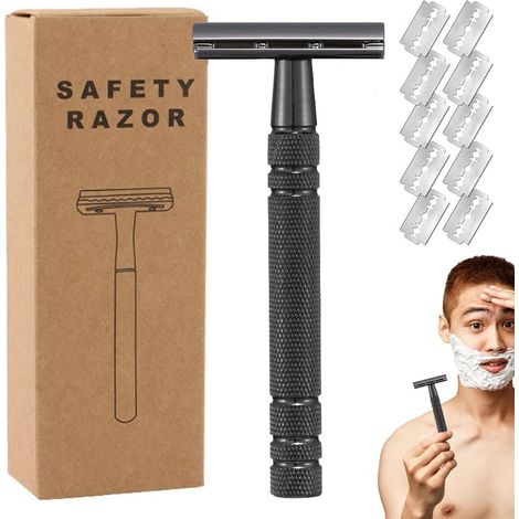 Rasoir Homme Manuel, Rasoir De Sureté Homme et Femme, Déchet Rasoirs Manuel Homme Safety Razor, Reutilisable Rasoirs Barbe Intime Corps Moustache Sourcil, Kit Rasage Manuel Homme Noir (1/5)