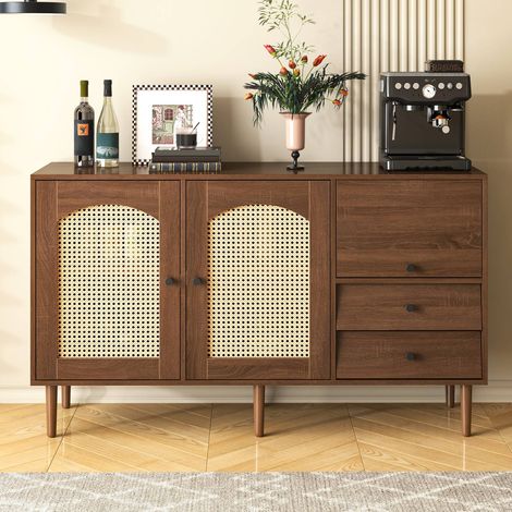 Buffet style campagne 130 x 40 x 75,5 cm effet bois avec portes en rotin, étagères réglables et fermeture magnétique (1/5)